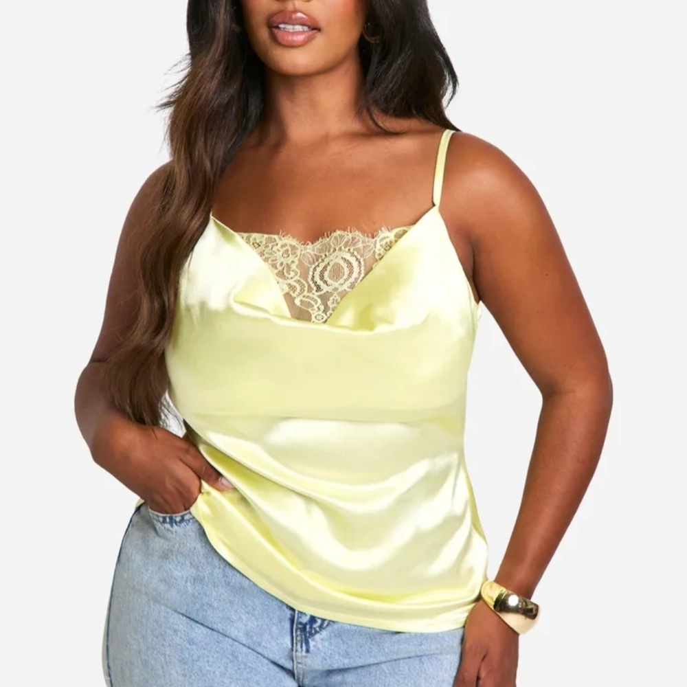 Boohoo Yellow Satin Lace Cami